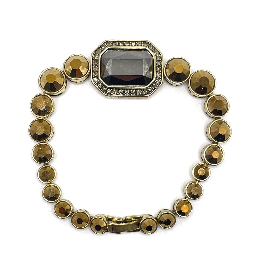 Heidi Daus Signed Gold Tone Metallic Amber Hematite Rhinestone Bracelet 8"